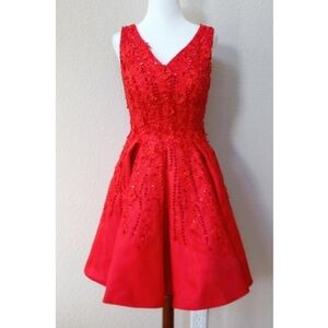 Forever Grace red with fabric floral applique and sequin details cocktail dress